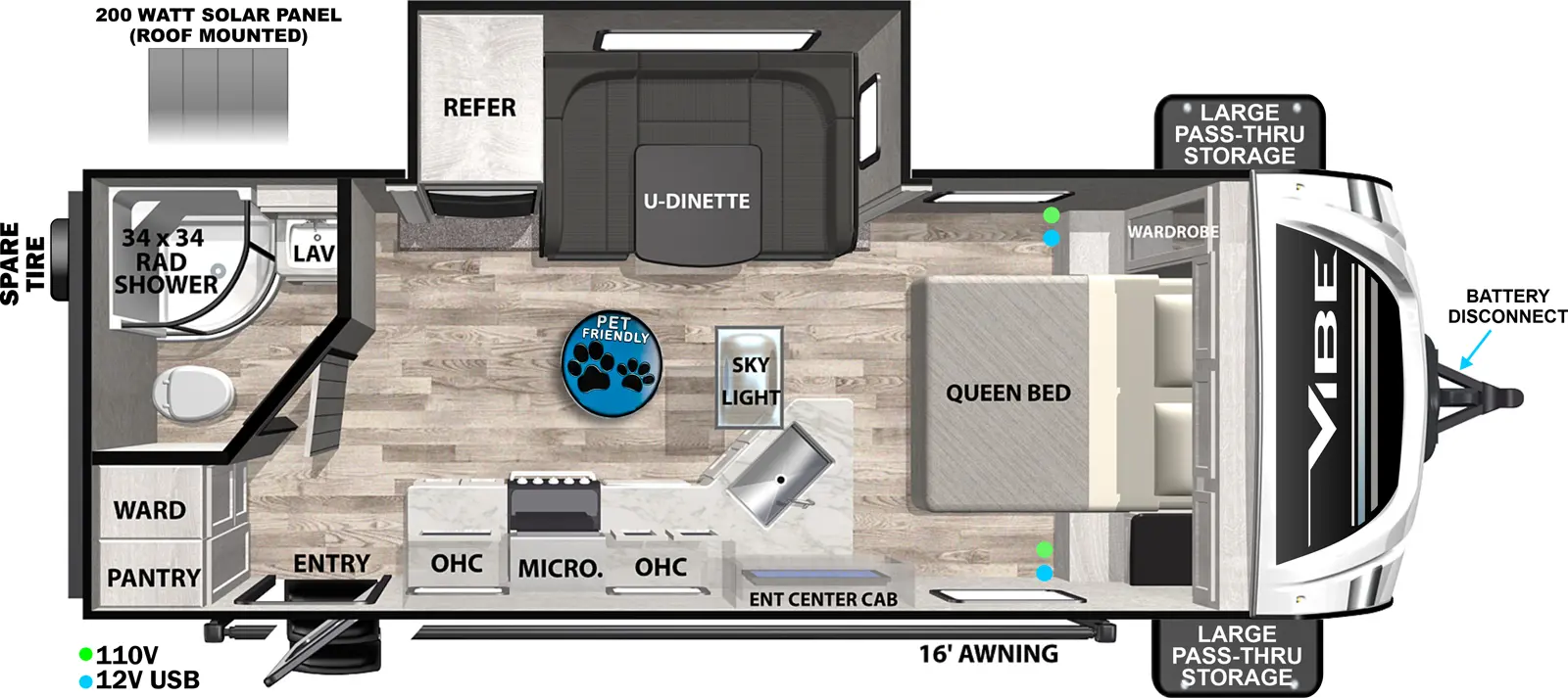 The 22RB has one slideout and one entry. Exterior features battery disconnect, front pass-thru storage, 16 foot awning, spare tire, and 200 watt roof-mounted solar panel. Interior layout front to back: foot-facing queen bed with off-door side wardrobe; off-door side slideout with u-dinette and refrigerator; peninsula kitchen counter with sink wraps to door side with sky light, entertainment center cabinet, overhead cabinet microwave, cooktop and entry; off-door side rear full bathroom; door side rear wardrobe and pantry. Pet friendly RV.